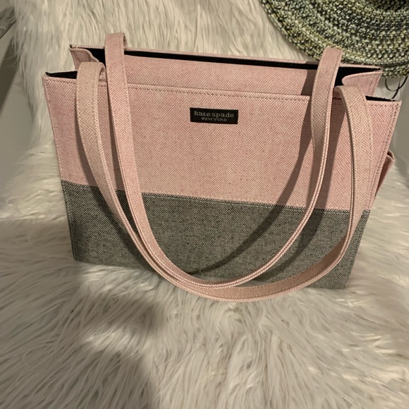 KATE SPADE PINK GREY HANDBAG MEDIUM SATCHEL PURSE FABRIC, CLASSIC STYLE - Picture 11 of 16